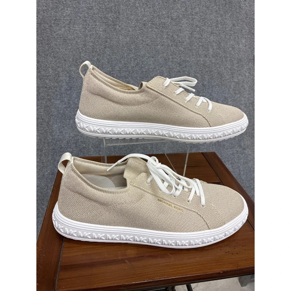 Michael Kors Bodie Knit Lace Up Sneakers Champagne Gold Logo Platform 11